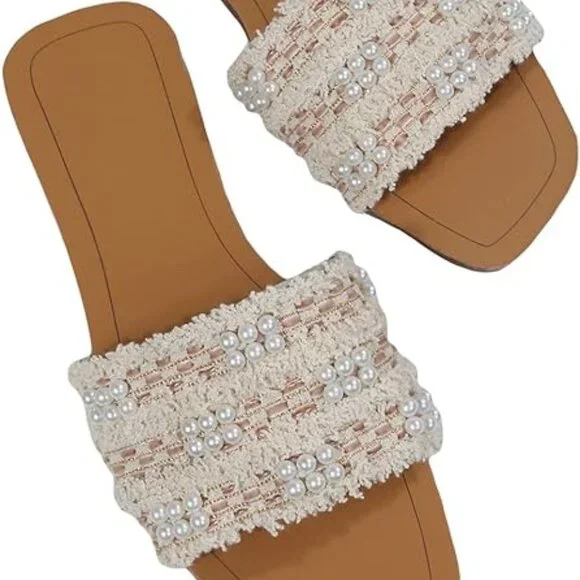 Women's faux pearls decor flat sandals